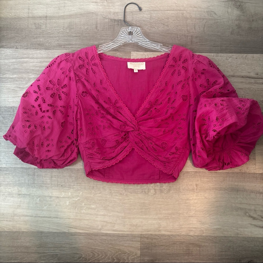 Rococo Sand Pink Cris Cros Crop Top Lace Boho Puffy Sleeve Top Sz S